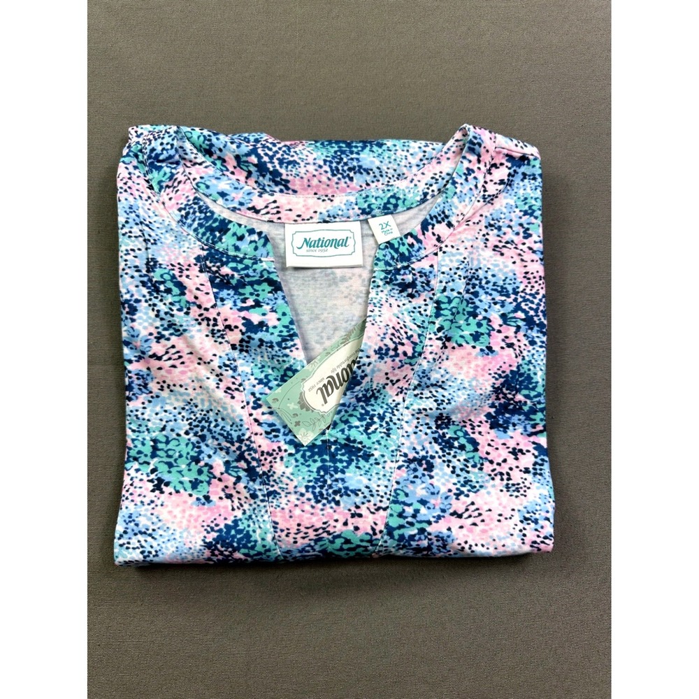 National Womens 2X Multi Color Abstract Print Split Neck Knit Top 24457 NEW